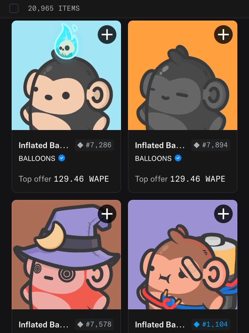 A mobile app screen showing NFT items, including four "Inflated Ba..." BALLOONS with various designs, prices, and a total of 20,965 items.