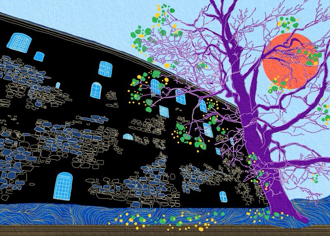 A stylized digital illustration showing a dark stone building with glowing blue windows beside a purple tree with green foliage, set against an orange sun and patterned blue water.