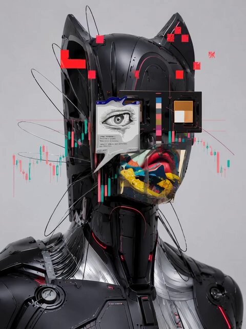 In the image, there's a person with a face and body made out of various objects, including wires and parts from electronic devices, all jumbled together in an abstract manner. The person appears to be wearing glasses that are connected to the camera via a wire or cable. In the background, there is text which reads "She is the noise, you're the content #Protocol #nolimit #solana $BTC #XLM #SPCX". It seems like the image is a representation of someone's face with an electronic device body and glasses that are connected to the camera. The overall theme suggests creativity and a unique take on traditional photography techniques, possibly inspired by modern technology or electronics.