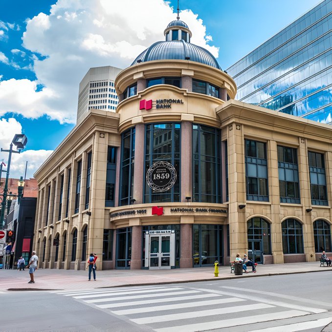 National Bank of Canada's stately 1859 building, featuring its prominent "National Bank" signage and signature dome, stands as the institutional backdrop for the bank's growing investment in Strategy ($MSTR), reflecting the bank's expanding role in digital asset exposure alongside its $450 billion USD balance sheet.