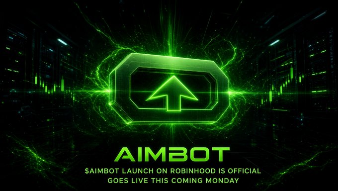 A promotional graphic featuring a glowing green hexagonal logo with an upward arrow, with text reading 'AIMBOT' and '$AIMBOT LAUNCH ON ROBINHOOD IS OFFICIAL GOES LIVE THIS COMING MONDAY.'