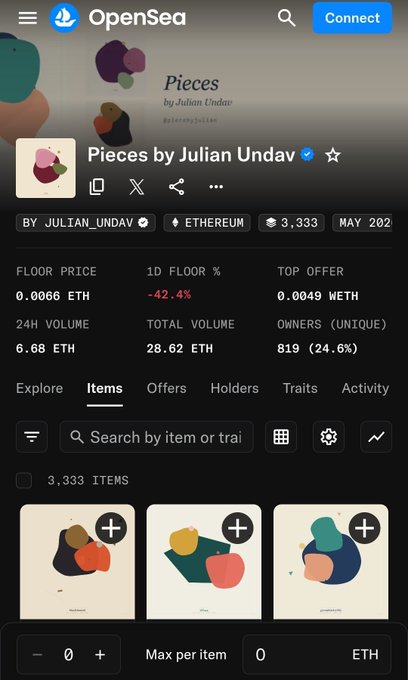 The image shows a phone screen with an open webpage displaying information about pieces for sale by Julian Undav. The text on the page indicates that the seller has sold at least one item, but there are more details available if you click on the "More" button in the bottom right corner of the screen. The post seems to be discussing the reasons behind selling a piece or an item and possibly sharing some insights about the process.