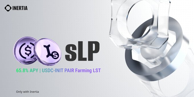 Promotional graphic for 'INERTIA' featuring '$LP' text with coins and a '65.8% APY | USDC-INIT PAIR Farming LST' tagline, alongside a 3D mechanical element.