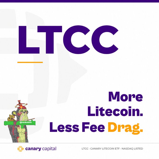 An advertisement graphic for LTCC (Canary Litecoin ETF) by Canary Capital, featuring the text 'More Litecoin. Less Fee Drag.' alongside a cartoon character from @ronksmith.