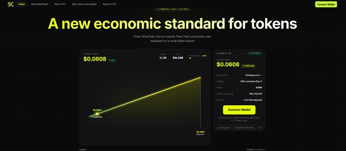 StricChain promotes a "new economic standard for tokens" with its Inverse Time Token community sale (ITTC), showing a current price of $0.0608, a 3/90 vesting period, and $10.23M raised toward a $16.95M target, with a "Connect Wallet" call-to-action to join the waitlist for its novel token launch model.