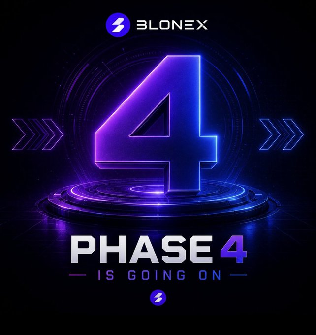 A neon-lit promotional graphic for BLONEX features a glowing purple "4" on a futuristic pedestal with the text "PHASE 4 IS GOING ON," highlighting the cryptocurrency's current price stage as it progresses toward its final phase. The dramatic design emphasizes the project's momentum, with the bold "4" visually reinforcing the post's announcement that BLON has advanced through multiple price phases, now trading at $0.20 on its way to a target of $0.45.