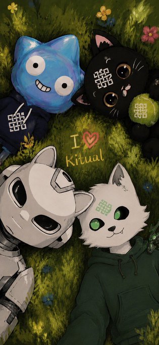 Four cartoon characters lie in a grassy field with flowers, surrounding the handwritten text "I ❤ Kitual," as part of a fan-made wallpaper for the Ritual crypto app featuring an Initiate NFT character and others.