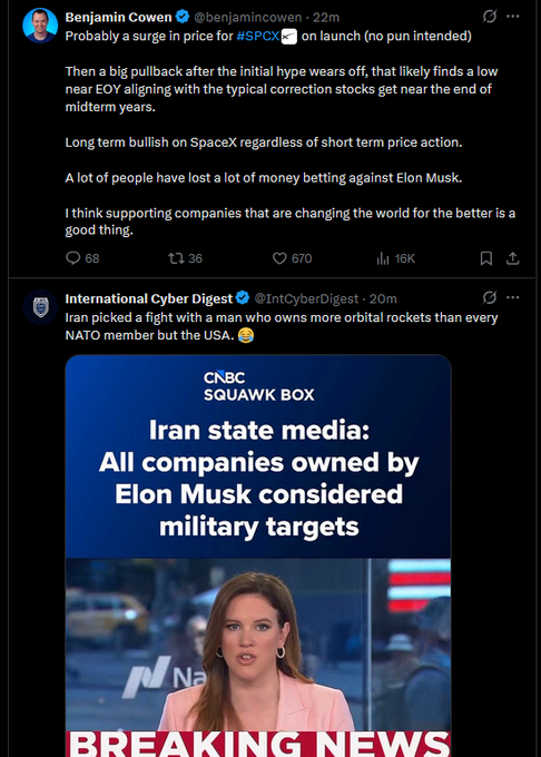 The image shows a Twitter feed with two posts, one of which is about Iran's military targets. The text in the posts seems to be discussing the Iranian government's actions or plans related to military operations. The caption "BREAKING NEWS" suggests that there might have been some significant news or development related to this topic.