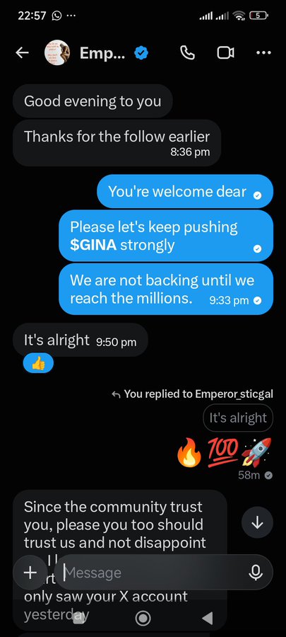 A Twitter DM conversation where someone mentions pushing the ticker $GINA 'strongly' to reach millions, with fire and rocket emojis.