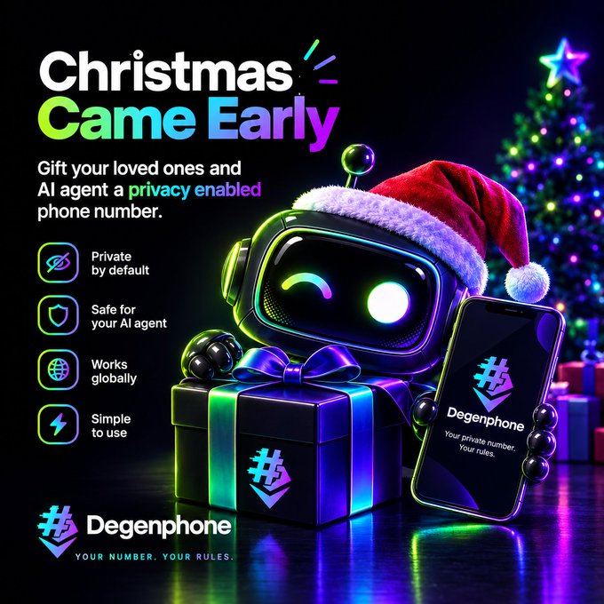 Festive advertisement for 'Degenphone' featuring a Christmas-themed AI robot mascot with the headline 'Christmas Came Early,' promoting privacy-enabled phone numbers for loved ones and AI agents.