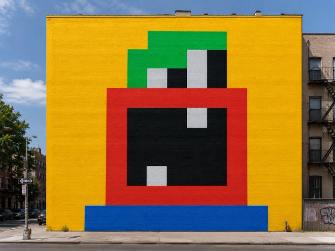 A large mural painted on the side of a yellow building features a pixelated character with a green hat, red face, and blue base.