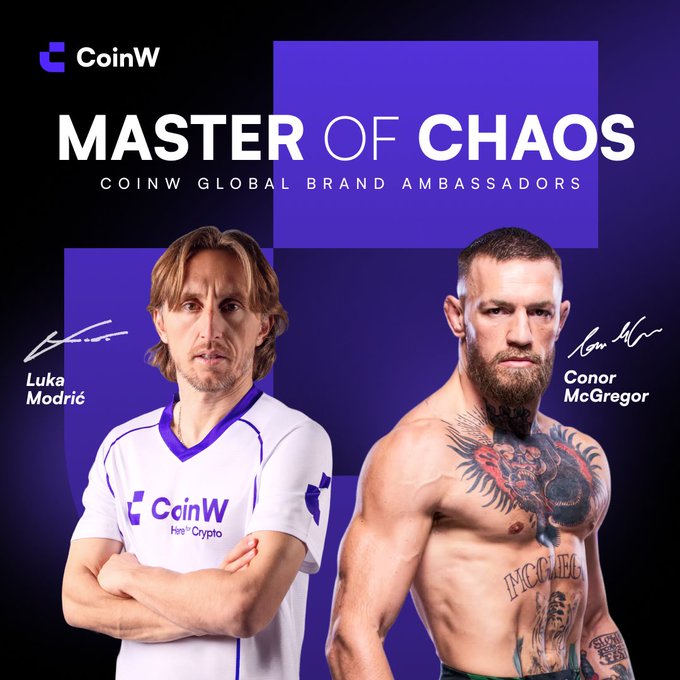 A CoinW advertisement titled 'MASTER OF CHAOS' featuring global brand ambassadors, soccer player Luka Modrić (wearing a CoinW jersey) and MMA fighter Conor McGregor, shown with their signatures.