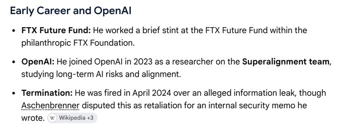A screenshot of Wikipedia text under the heading 'Early Career and OpenAI' with bullet points mentioning 'FTX Future Fund', 'OpenAI' (2023, 'Superalignment team'), and 'Termination' in April 2024, with the name 'Aschenbrenner' hyperlinked.