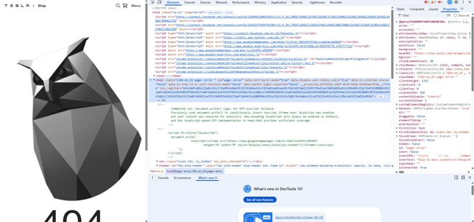 A split-screen screenshot showing the 'TESLA | Shop' webpage featuring a large gray geometric Tesla logo on the left, and the browser's developer tools panel with HTML code open on the right.