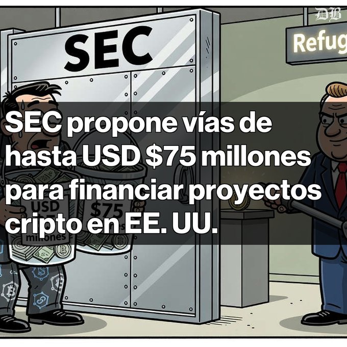 A cartoon illustration with text 'SEC propone vías de hasta USD $75 millones para financiar proyectos cripto en EE. UU.' showing a sweating man carrying money next to an SEC vault, with another figure holding a rod.