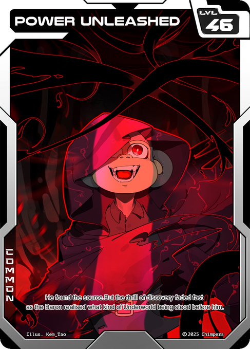 A trading card titled 'POWER UNLEASHED' featuring a smiling character in a red hoodie with text about discovering the source, titled 'Lomon' with 'LVL 46'.