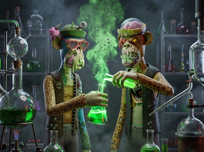 Two grotesque, humanoid figures with spotted skin conduct a chemistry experiment in a dark, atmospheric laboratory, pouring green liquid from a test tube into a flask surrounded by glassware and billowing smoke.