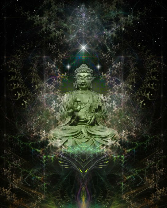 Mystical artwork depicting a meditating Buddha statue surrounded by glowing fractals, geometric patterns, and a starry cosmic background with green ethereal lights.