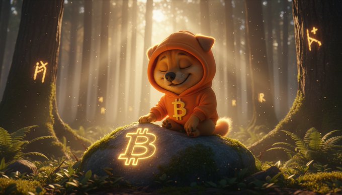 Digital illustration of a Shiba Inu dog in an orange Bitcoin-themed hoodie sitting on a rock with a glowing Bitcoin symbol, in a forest setting.