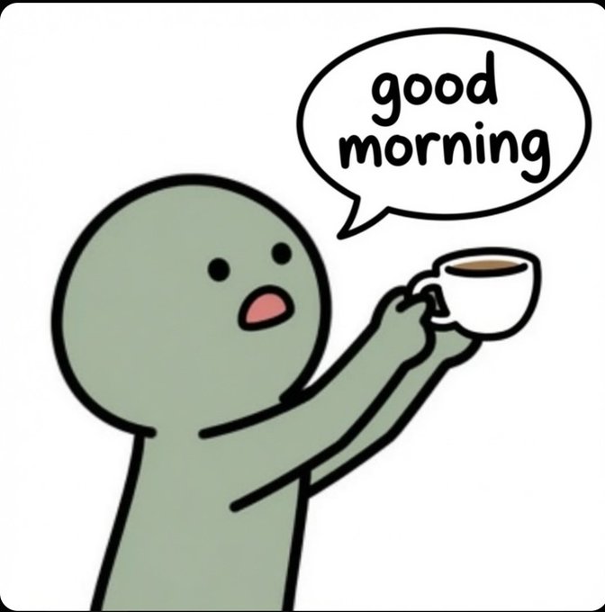 A simple cartoon illustration of a gray stick-figure character with a surprised expression holding a cup of coffee, with a speech bubble saying "good morning."