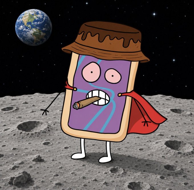 A cartoon character with a rectangular purple and blue striped body, wearing a brown bucket hat and red cape, smoking a cigar while standing on the moon's surface with Earth visible in the background.