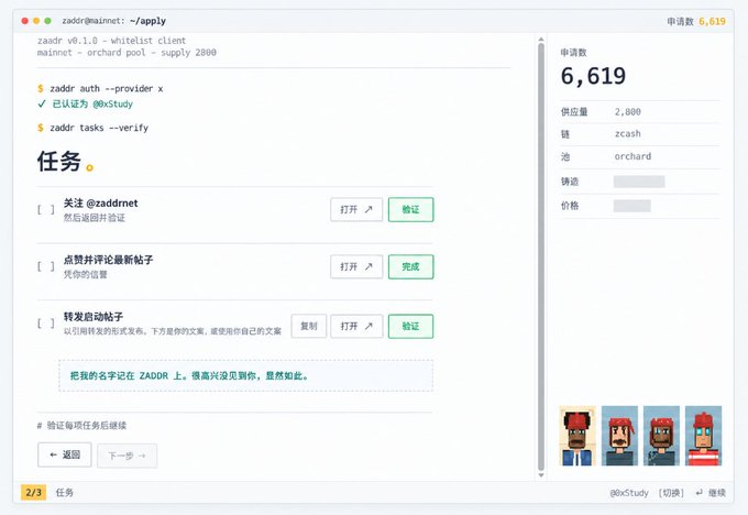 The image shows a terminal-styled web interface for @zaddrnet's Zcash NFT whitelist application, displaying 6,619 total applicants (out of 2,800 supply) with three required tasks: following @zaddrnet, liking a post, and forwarding a tweet containing the phrase "把我的话写在 ZADDR 上, 偶尔说没见到你, 甚想知道。" The interface confirms completion of task 2/3 (liking the post) and supports the post's mention of the whitelist having over 6,000 applicants for only 2,800 spots.