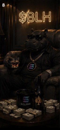 A stylized hippo character wearing sunglasses, a gold chain, and a watch, sitting in a leather chair surrounded by stacks of money, a bottle, and an ice bucket, with '$BLH' neon text and 'SOLANA' branding visible.