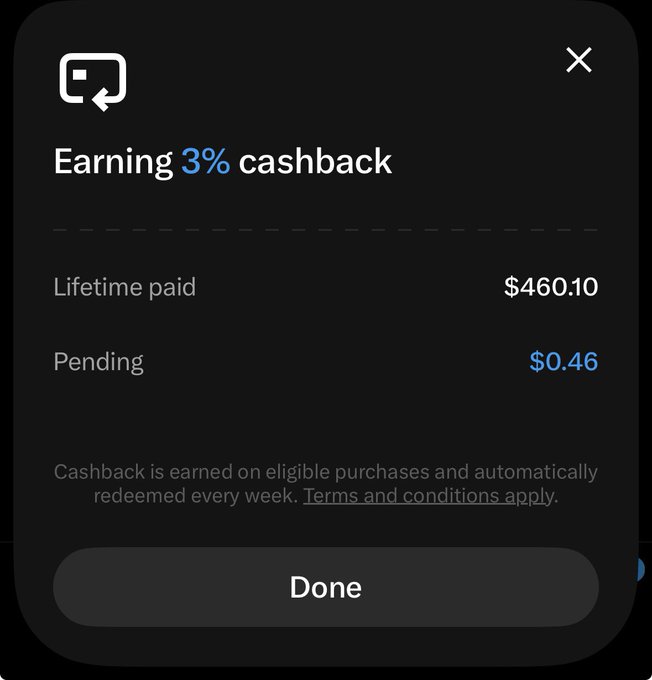 A mobile app popup dialog announcing 'Earning 3% cashback' with a lifetime paid amount of $460.10, $0.46 pending, and a Done button.