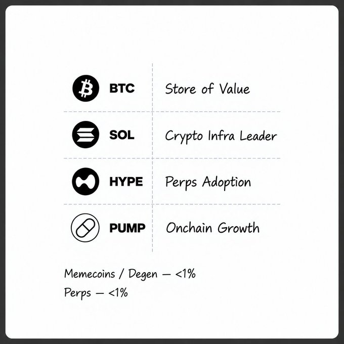A hand-drawn portfolio chart listing BTC (Store of Value), SOL (Crypto Infra Leader), HYPE (Perps Adoption), and PUMP (Onchain Growth), with notes showing Memecoins/Degen and Perps each at <1%, directly illustrating the creator's allocation across major crypto assets.