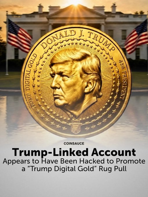 A Coinsauce news graphic showing a gold 'Donald J. Trump - 45th President - Trump Digital Gold' coin superimposed over the White House, with the headline 'Trump-Linked Account Appears to Have Been Hacked to Promote a "Trump Digital Gold" Rug Pull.'