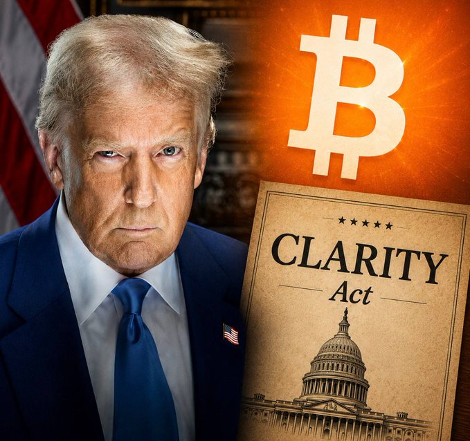 This image depicts Donald Trump and the Bitcoin logo alongside a document titled "Clarity Act," symbolizing potential upcoming cryptocurrency regulation discussions. The image directly relates to the post detailing crucial upcoming events that could shape crypto regulation in America.