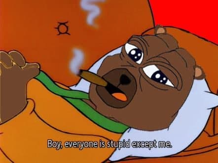 A cartoon bear with half-closed eyes smokes a cigar and says 'Boy, everyone is stupid except me'.