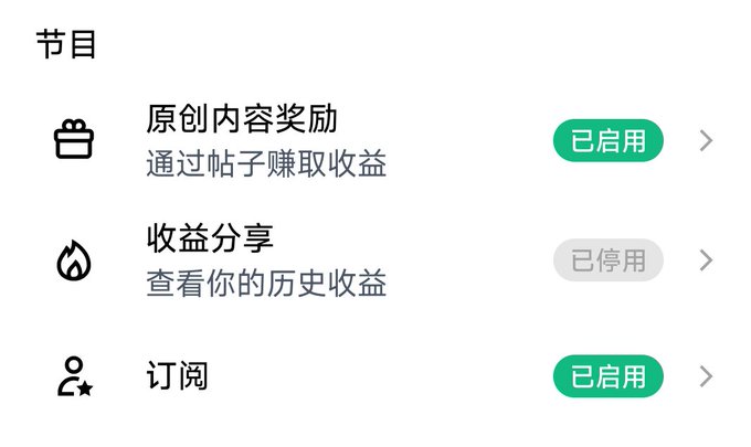 A mobile app interface in Chinese showing three menu options under '节目': '原创内容奖励' (Original Content Rewards) marked 已启用 (Enabled), '收益分享' (Revenue Sharing) marked 已停用 (Disabled), and '订阅' (Subscriptions) marked 已启用 (Enabled).