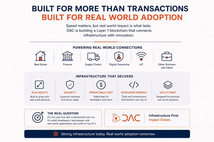 A promotional graphic for DAC blockchain with the headline 'BUILT FOR MORE THAN TRANSACTIONS, BUILT FOR REAL WORLD ADOPTION.' It highlights applications in Real Estate, Finance, Supply Chains, Digital Ownership, and IoT, along with features like Scalability, Security, Predictable Cost, Developer Friendly, and Utility First.