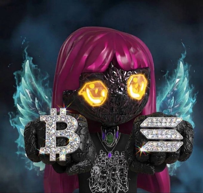 A digital artwork of a figure with pink hair, glowing yellow smiley-face eyes, and diamond-encrusted Bitcoin and Solana logos, surrounded by blue flame-like wings.
