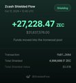 A screenshot shows a Zcash shielded pool wallet address with a balance of +27,228.47 ZEC and an estimated value of $8,809,657.202.