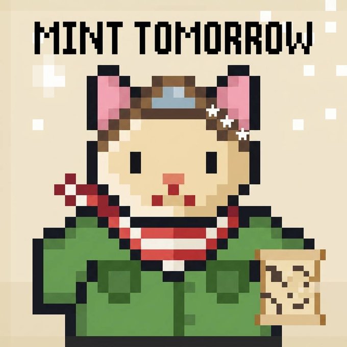 Pixel art image featuring a cute cat character wearing aviator goggles and a green jacket, with the text 'MINT TOMORROW' at the top.