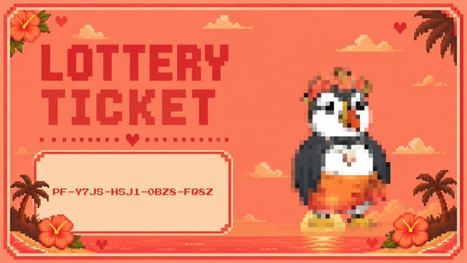 A pixel art 'LOTTERY TICKET' graphic featuring a penguin wearing a Hawaiian flower lei and shorts, with the code 'PF-Y7JS-HSJ1-OBZS-F0SZ' and tropical hibiscus decorations on a red background.