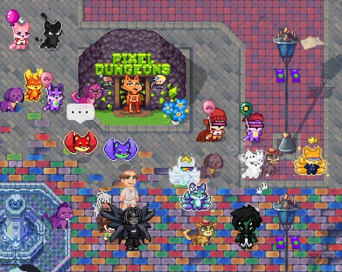 A pixel-art scene from 'Pixel Dungeons' featuring various cartoon characters, animals, and creatures gathered in a colorful brick-walled environment.