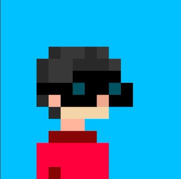 A pixel art portrait of a character with dark hair wearing a red shirt against a blue background.