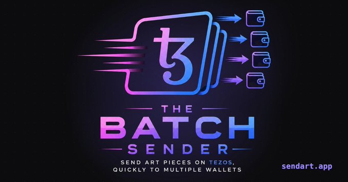 The image shows a logo for an app called "the Batch Sender". The logo consists of a blue square with a purple border, containing a tezos symbol inside. Below this logo, there are four lines of text that read "The Batch Sender" and "Send art pieces on tezos quickly & pain free!".