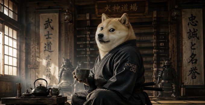 AI-generated image of a Shiba Inu dog dressed as a samurai in traditional Japanese armor and robes labeled 'DOGE OG', sitting in a dojo setting with Japanese characters and swords in the background, holding a cup of tea.
