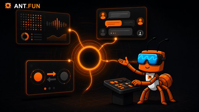The ANT.FUN logo is displayed prominently above an illustration of an ant character interacting with three distinct interfaces representing market data, community conversations, and trading. This image visually connects to the post's message of integrating these functions on ANT.FUN.