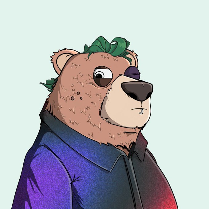 An anthropomorphic brown bear with green tufts of hair and a purple/blue jacket is depicted in this stylized illustration, representing one of the "Bearies" from the 222 Bears free mint collection on Ethereum.