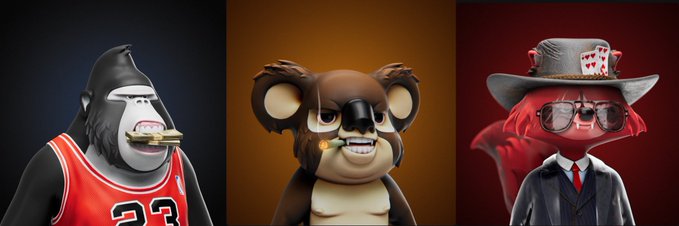 A triptych of 3D-rendered anthropomorphic animal characters: a gorilla in a red '33' jersey holding a gold bar, a koala with a coin in its mouth, and a fox in a suit and hat wearing sunglasses and holding playing cards.
