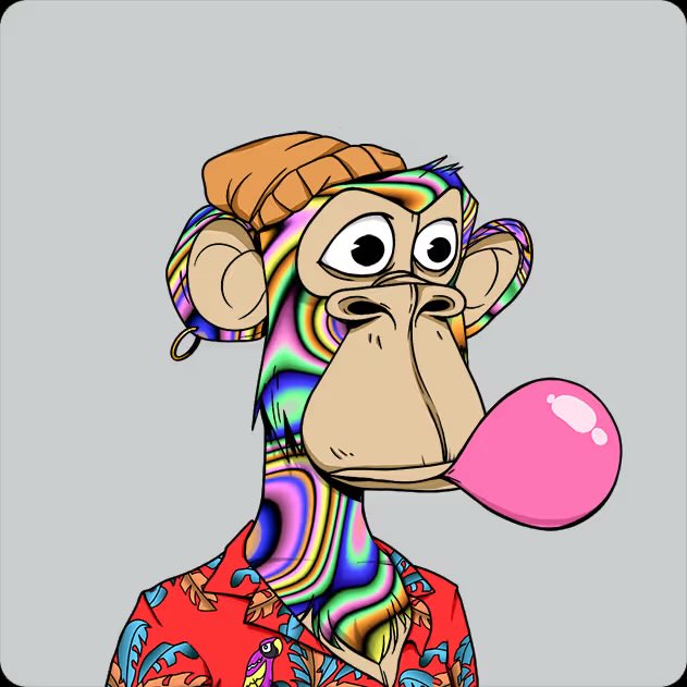 A colorful Bored Ape NFT character with a beanie, rainbow psychedelic fur, and pink bubblegum blowing is displayed, representing the specific piece that just sold for 33 ETH ($51,000) as mentioned in the post.