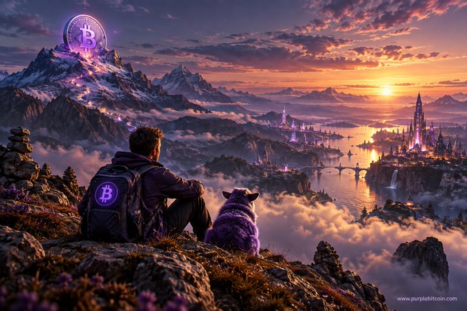 A digital illustration depicts a person with a Bitcoin-logo backpack and a furry companion sitting on a rocky cliff overlooking a fantasy landscape with castles, mountains, and a glowing Bitcoin coin at sunset; watermarked purplebitcoin.com.