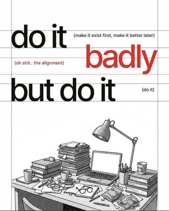A motivational poster with the text 'do it badly but do it' featuring annotations like '(make it exist first, make it better later)' and '(oh shit.. the alignment)', above an illustration of a cluttered desk with books and a laptop.