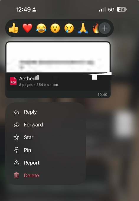 A screenshot of a messaging app showing a PDF attachment titled "Aether" (8 pages, 354 Kb) with a reaction menu below offering options like Reply, Forward, Star, Pin, Report, and Delete. The image relates to the post by displaying the actual document the user is offering in exchange for payment, which appears to be answers or information related to a quality screener assessment.