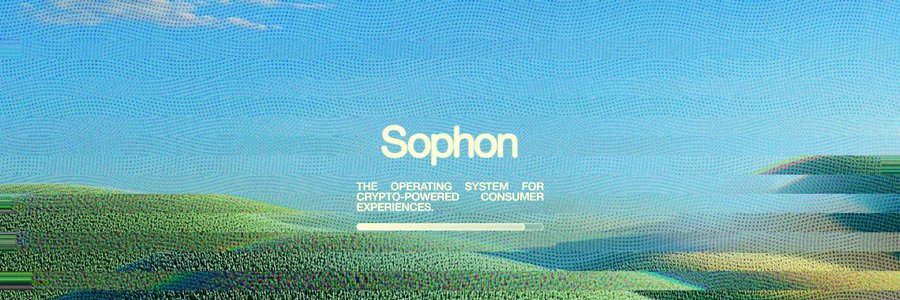 Sophon logo with the tagline "THE OPERATING SYSTEM FOR CRYPTO-POWERED CONSUMER EXPERIENCES" overlaid on a textured, glitch-art landscape of rolling green hills and blue sky.

The image serves as Sophon's branding backdrop for the announcement of their strategic pivot away from their ZK-powered L2 chain toward becoming a consumer product studio on Base.